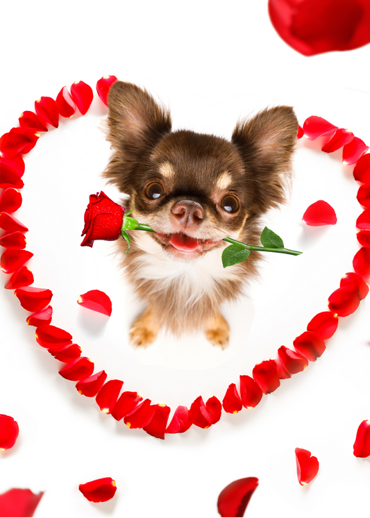 Gepersonaliseerd brievenbuspakketje Valentijn rozenblaadjes hondje
